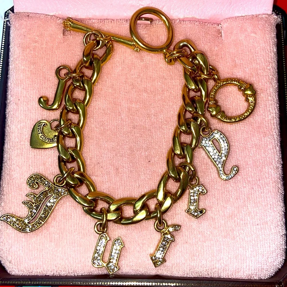 Y2K JUICY COUTURE GOTHIC INITIAL CHARM BRACELET DOG COLLAR SWAROVSKI CRYSTALS